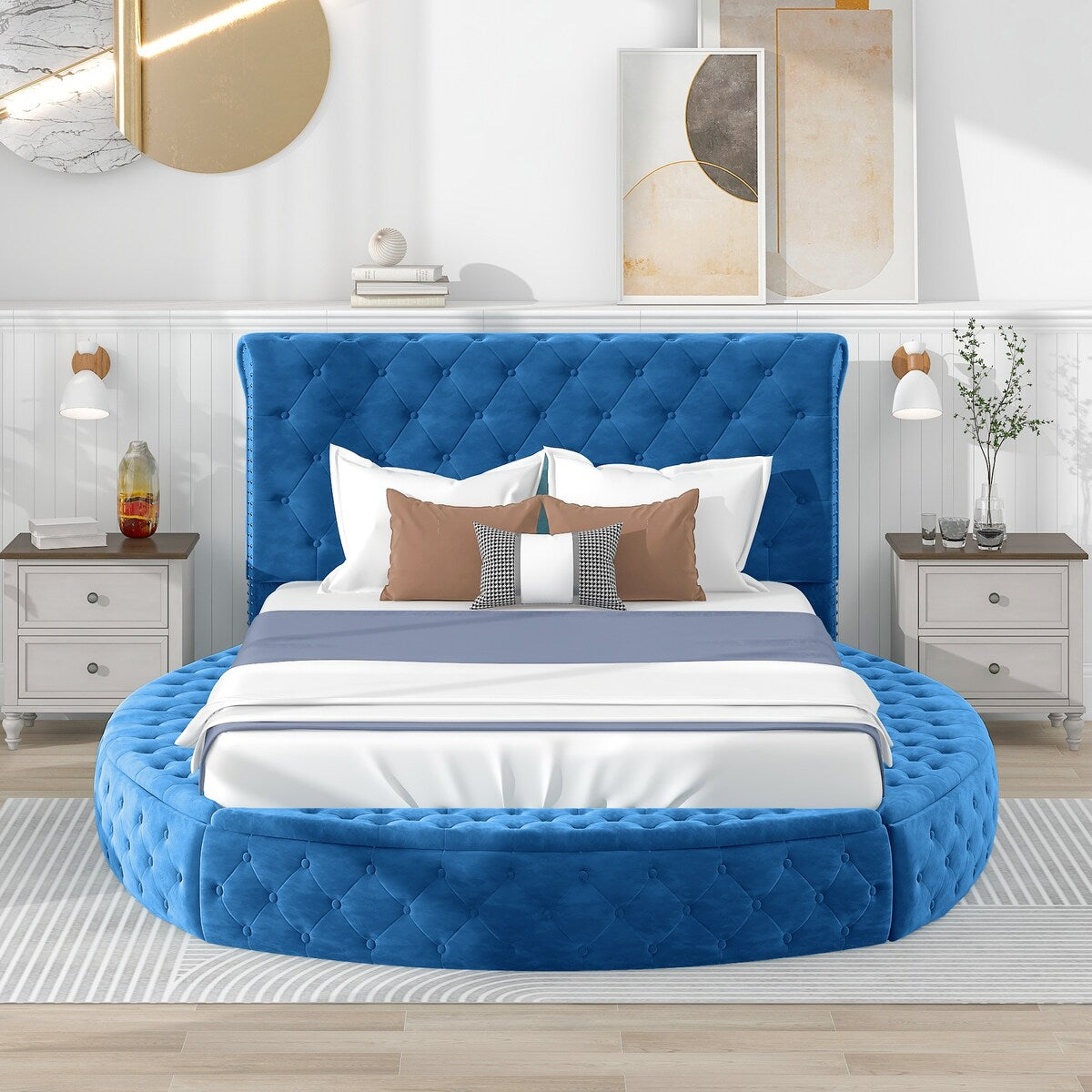 Queen Velvet Upholstered Platform Bed,w/Storage Space & Footboard,Blue