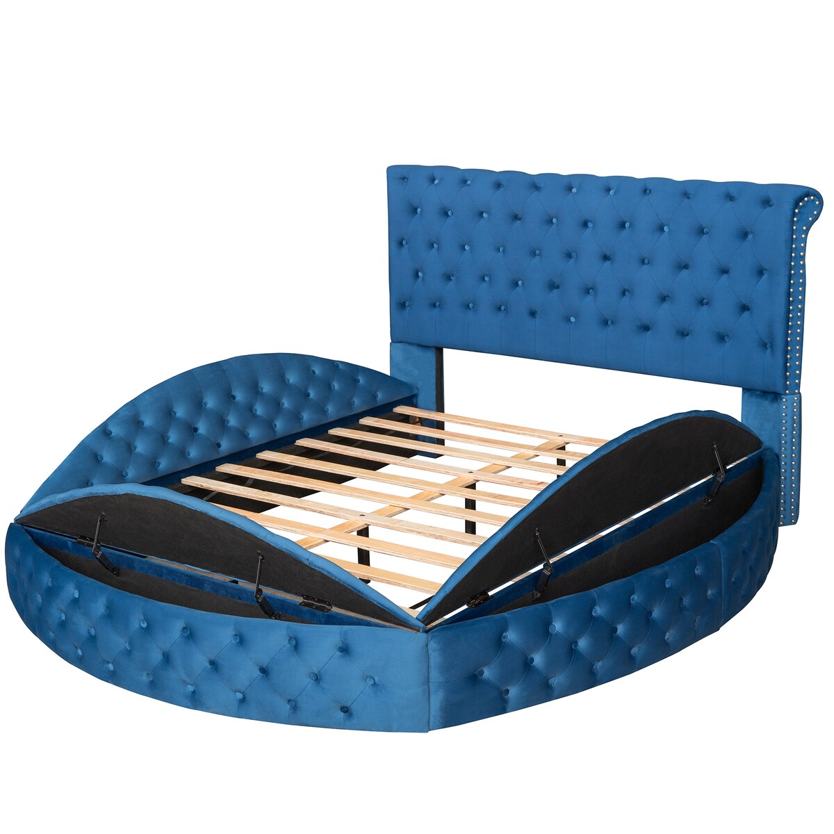 Queen Velvet Upholstered Platform Bed,w/Storage Space & Footboard,Blue