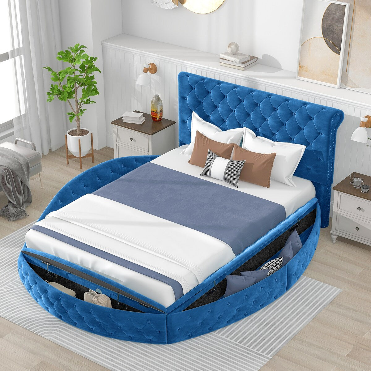 Queen Velvet Upholstered Platform Bed,w/Storage Space & Footboard,Blue