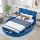 Queen Velvet Upholstered Platform Bed,w/Storage Space & Footboard,Blue