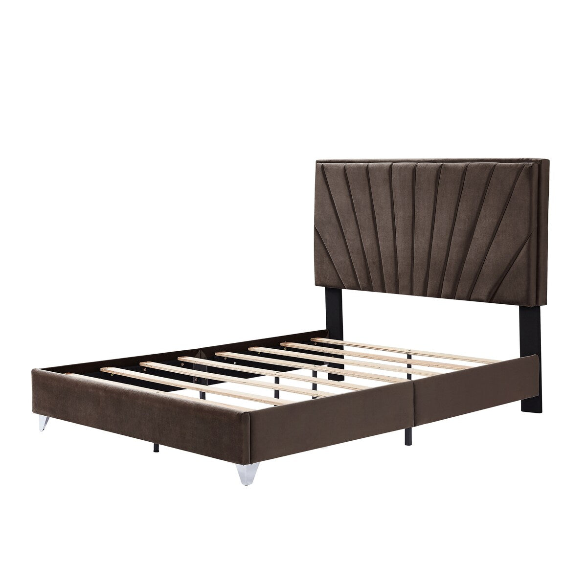 Queen bed with one nightstand, Beautiful line stripe cushion headboard , strong wooden slats + metal legs with Electroplate