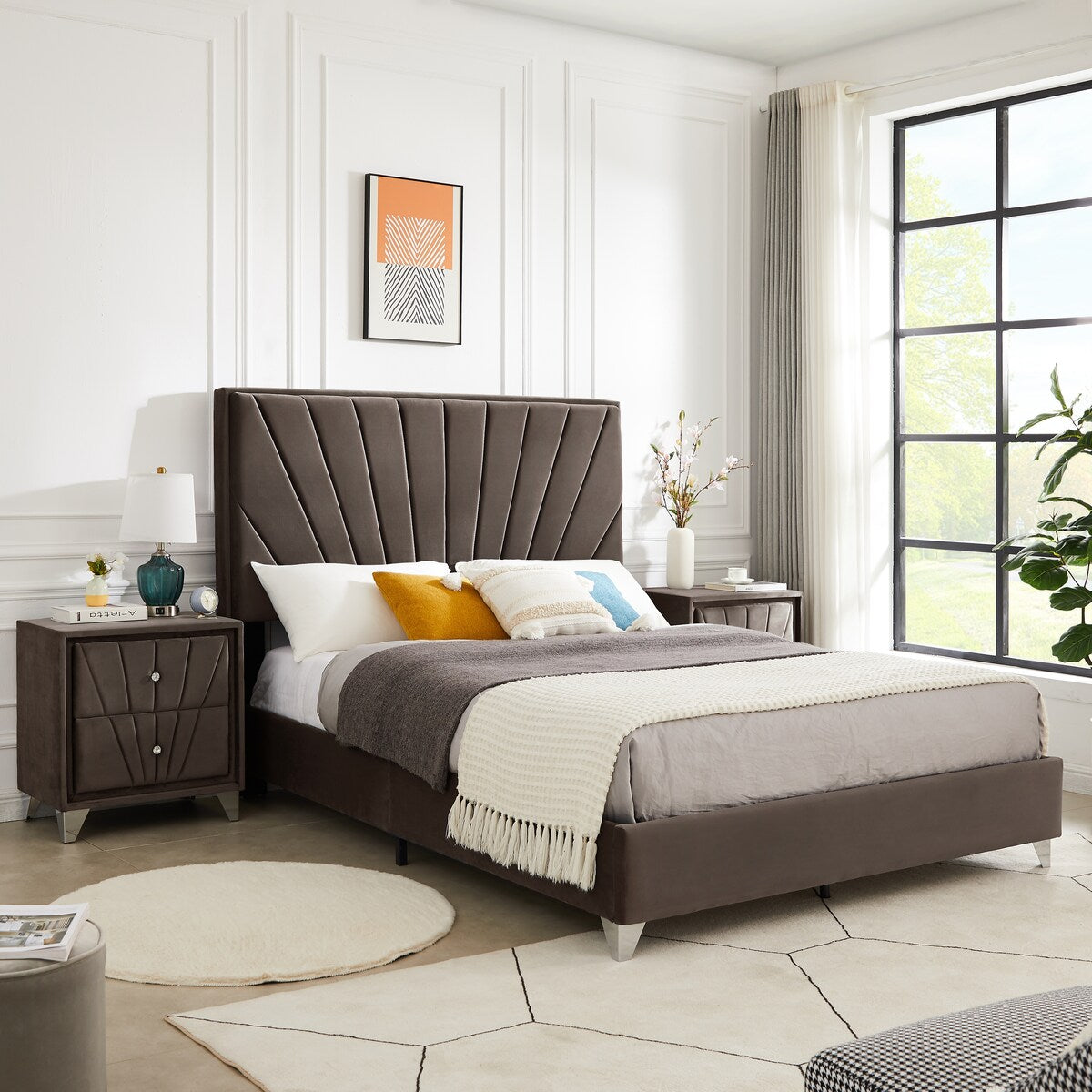 Queen bed with one nightstand, Beautiful line stripe cushion headboard , strong wooden slats + metal legs with Electroplate