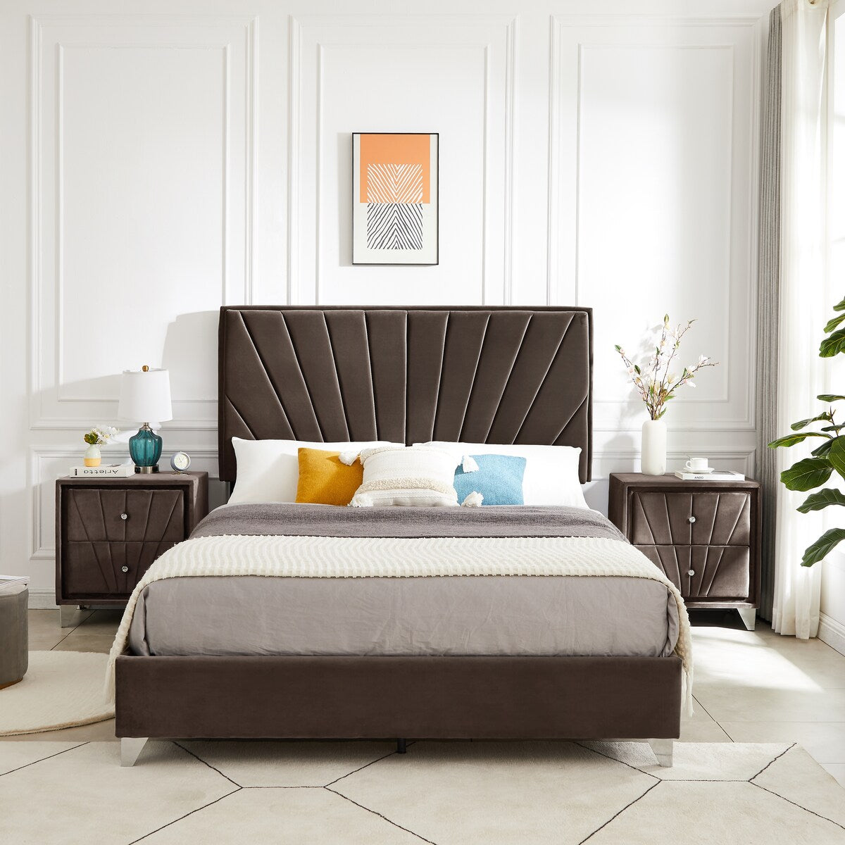 Queen bed with one nightstand, Beautiful line stripe cushion headboard , strong wooden slats + metal legs with Electroplate