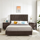 Queen bed with one nightstand, Beautiful line stripe cushion headboard , strong wooden slats + metal legs with Electroplate