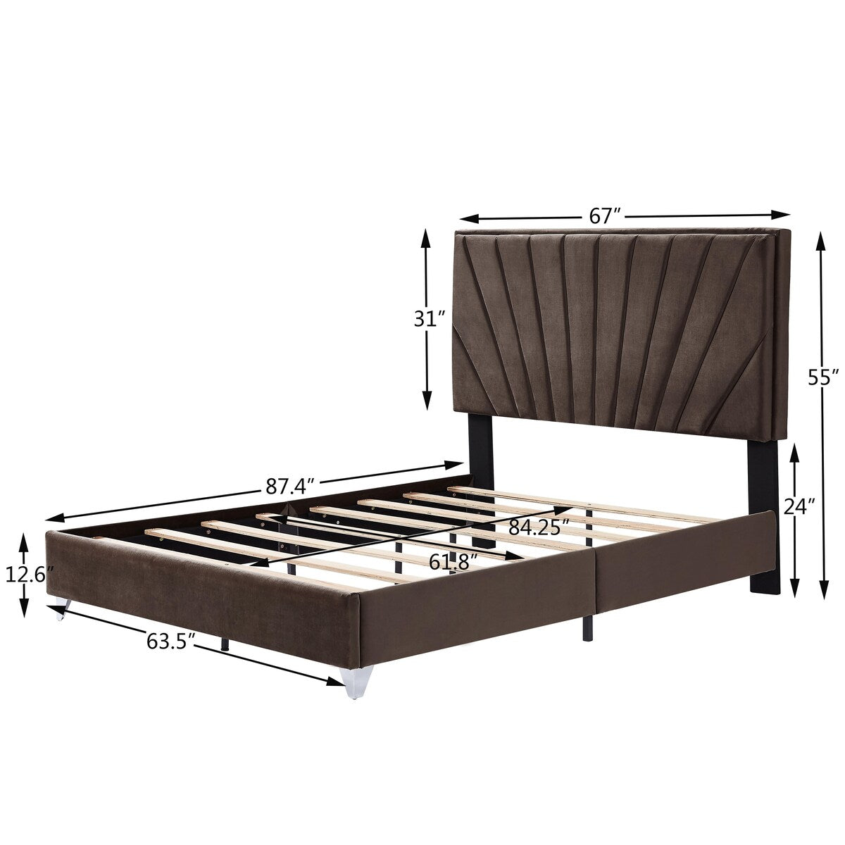 Queen bed with one nightstand, Beautiful line stripe cushion headboard , strong wooden slats + metal legs with Electroplate