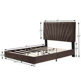 Queen bed with one nightstand, Beautiful line stripe cushion headboard , strong wooden slats + metal legs with Electroplate