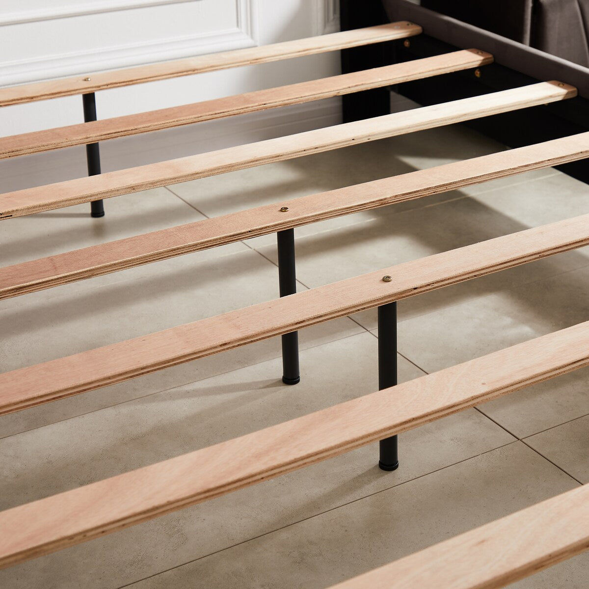 Queen bed with one nightstand, Beautiful line stripe cushion headboard , strong wooden slats + metal legs with Electroplate