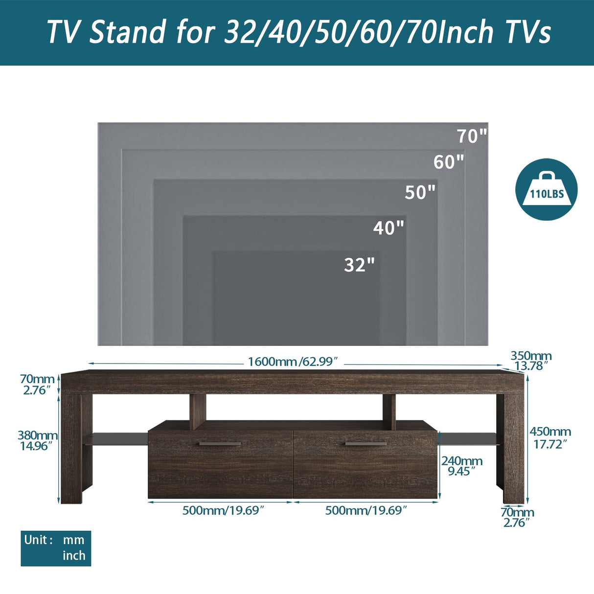 Quick Assembly Modern Tv Stand With Toughened Glass Shelf And Led Backlights - 13.78 x 62.99 x 17.72