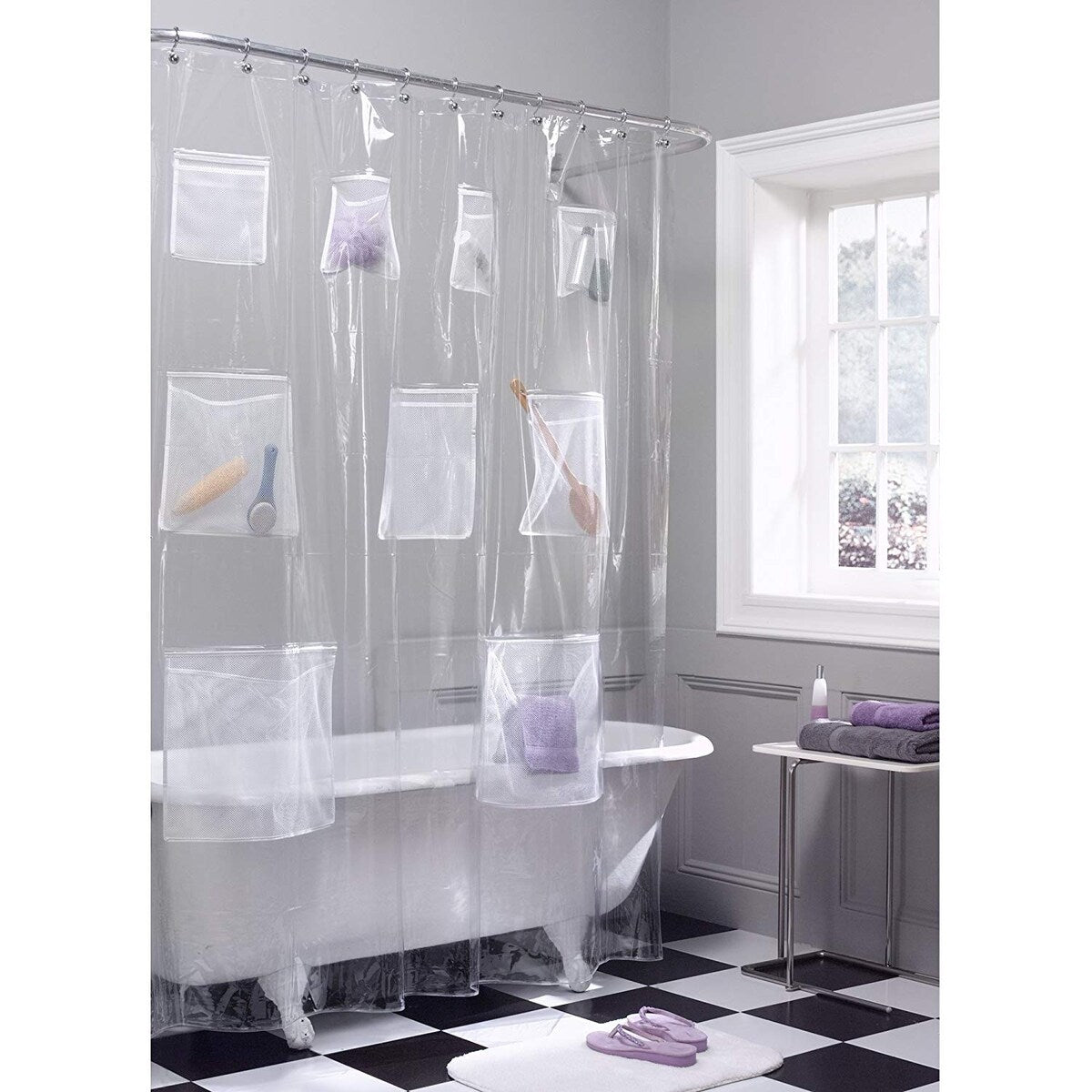 Quick Dry Mesh Pockets Waterproof PEVA Shower Curtain