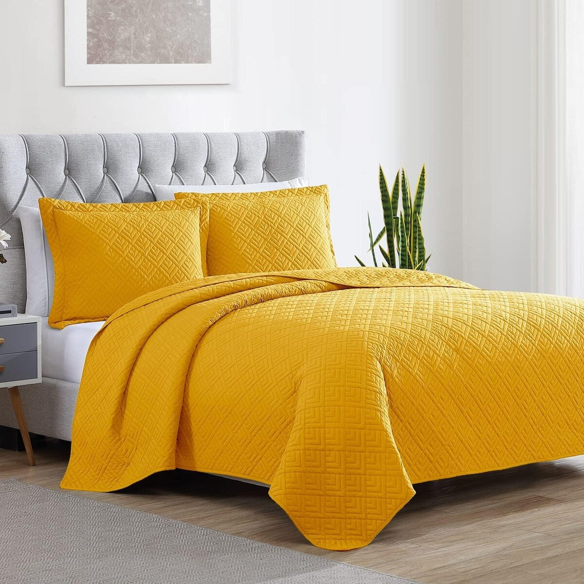 Quilt Set Full Queen Size 3 Piece,Lightweight Soft Coverlet Modern Style Squares Pattern Bedspread Set(1 Quilt,2 Pillow Shams)