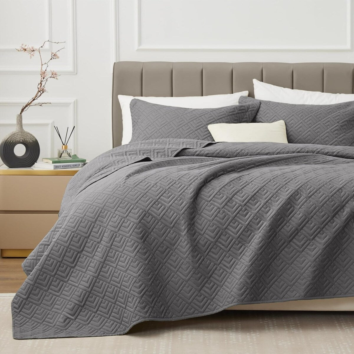 Quilt Set Full Queen Size 3 Piece,Lightweight Soft Coverlet Modern Style Squares Pattern Bedspread Set(1 Quilt,2 Pillow Shams)