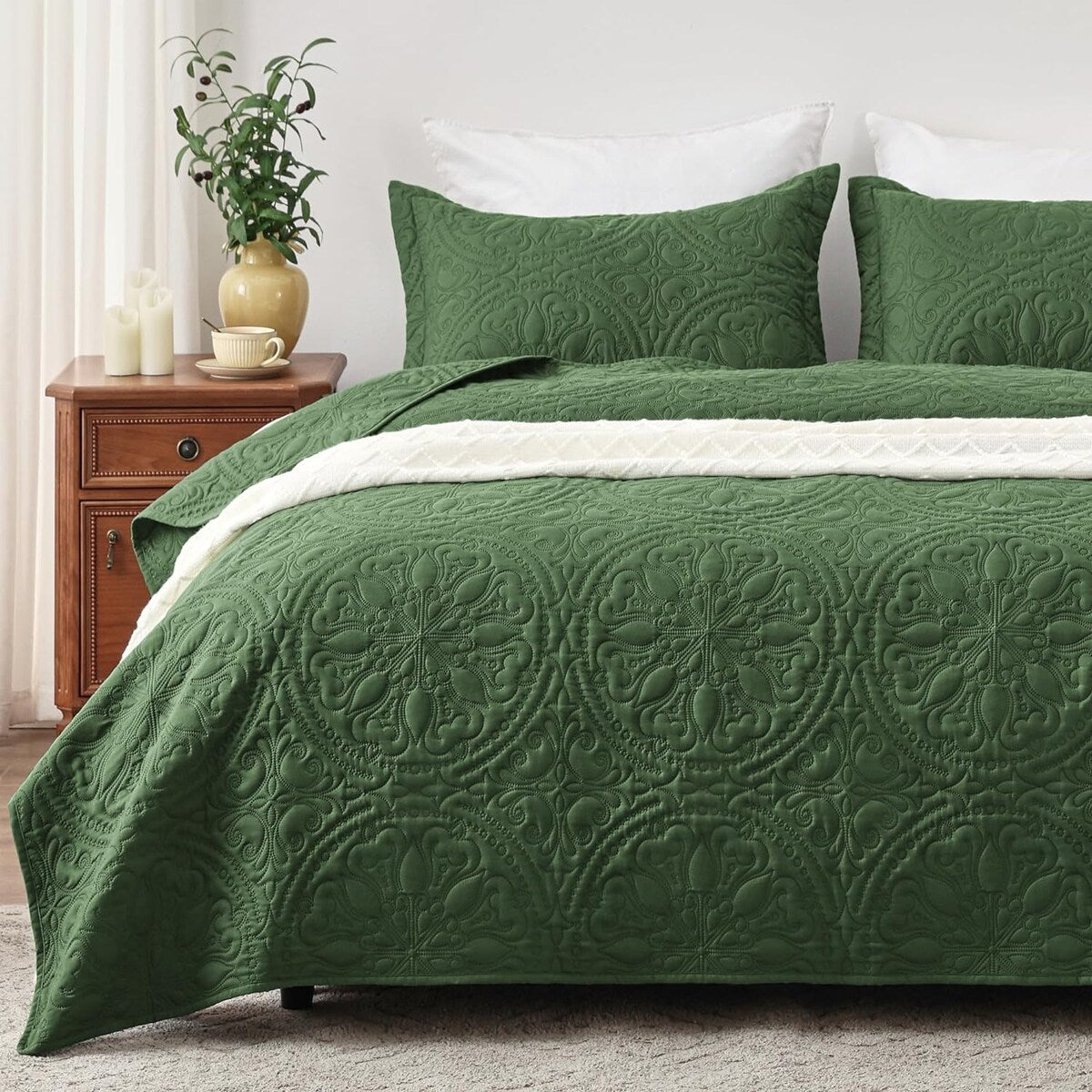 Quilt Set Full Queen Size 3 Piece,Lightweight Soft Coverlet Modern Style Squares Pattern Bedspread Set(1 Quilt,2 Pillow Shams)
