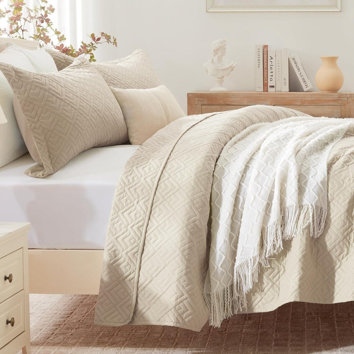 Quilt Set Full Queen Size 3 Piece,Lightweight Soft Coverlet Modern Style Squares Pattern Bedspread Set(1 Quilt,2 Pillow Shams)