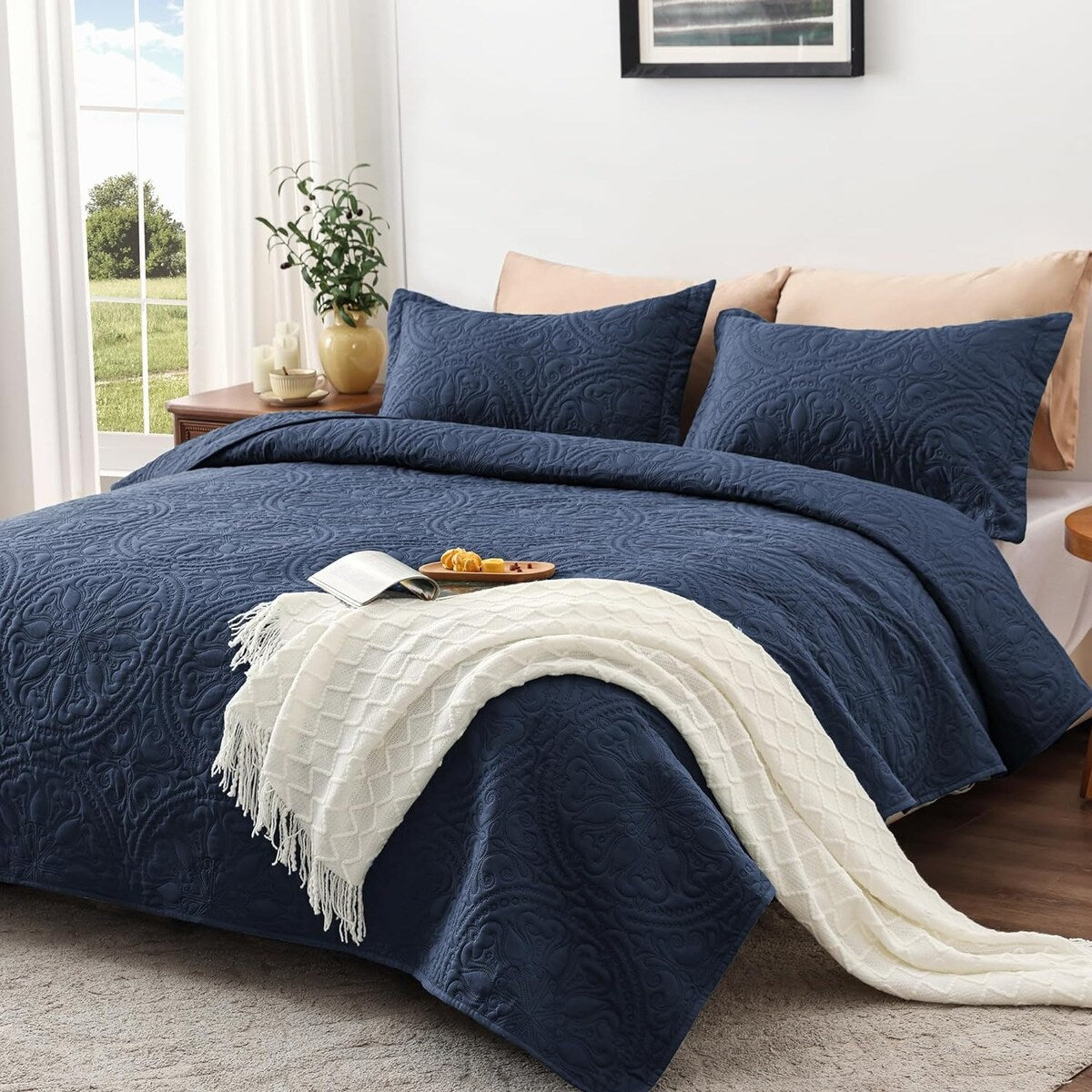Quilt Set Full Queen Size 3 Piece,Lightweight Soft Coverlet Modern Style Squares Pattern Bedspread Set(1 Quilt,2 Pillow Shams)