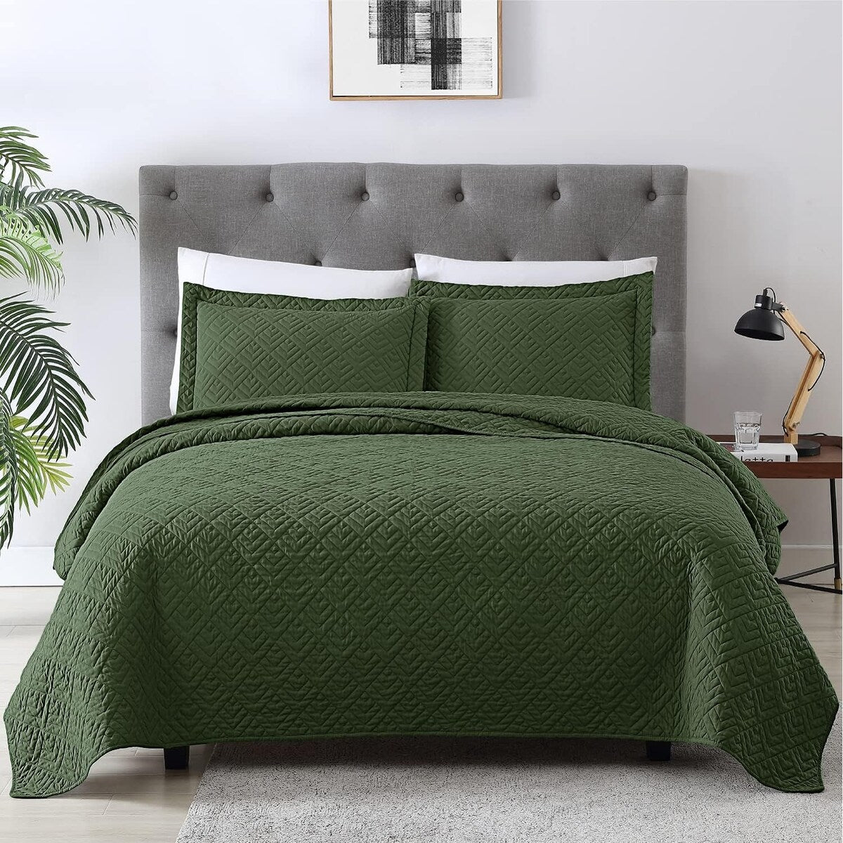 Quilt Set Full Queen Size 3 Piece,Lightweight Soft Coverlet Modern Style Squares Pattern Bedspread Set(1 Quilt,2 Pillow Shams)