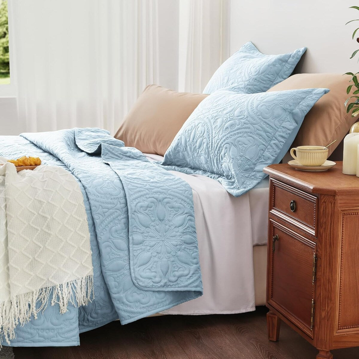 Quilt Set Full Queen Size 3 Piece,Lightweight Soft Coverlet Modern Style Squares Pattern Bedspread Set(1 Quilt,2 Pillow Shams)