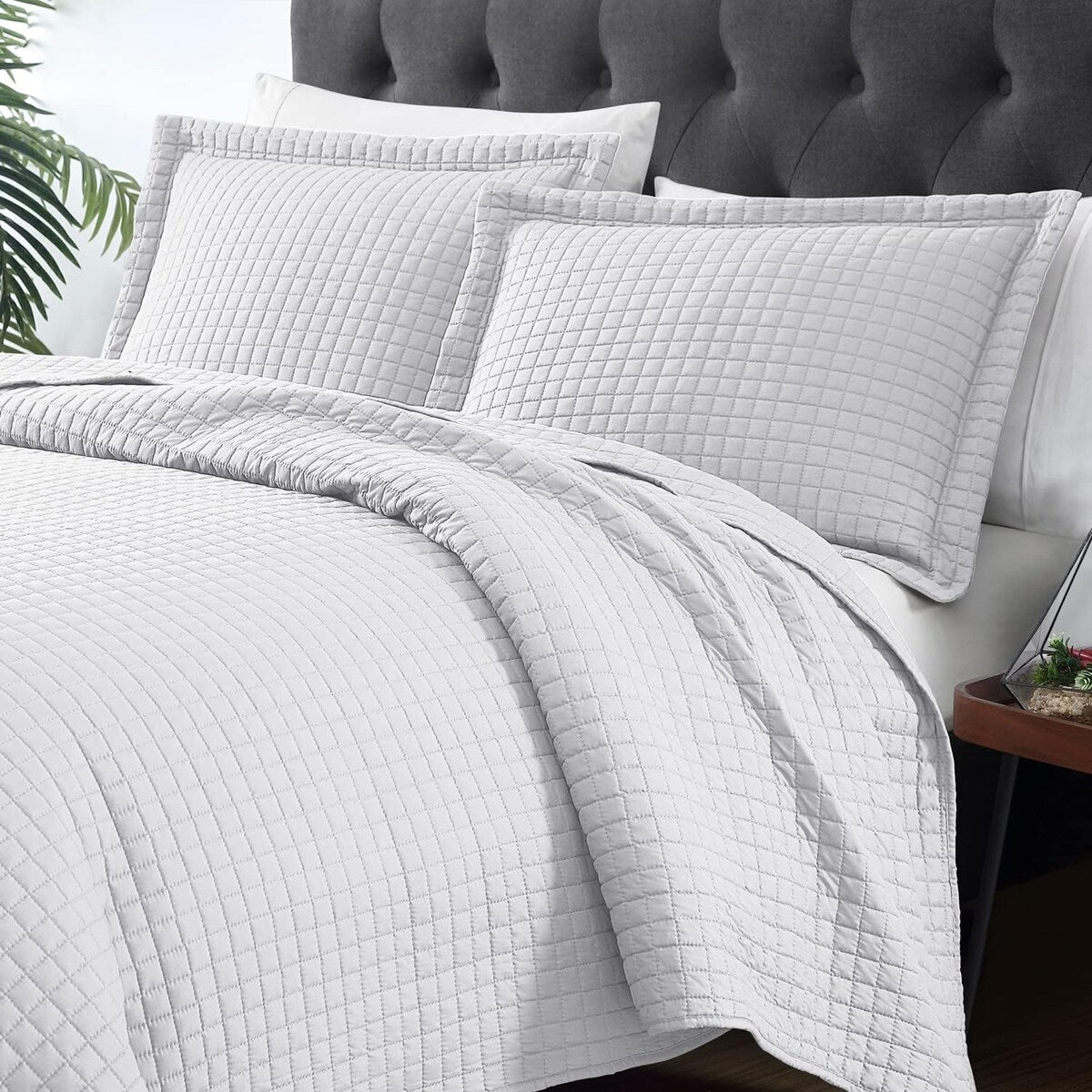 Quilt Set Full Queen Size 3 Piece,Lightweight Soft Coverlet Modern Style Squares Pattern Bedspread Set(1 Quilt,2 Pillow Shams)