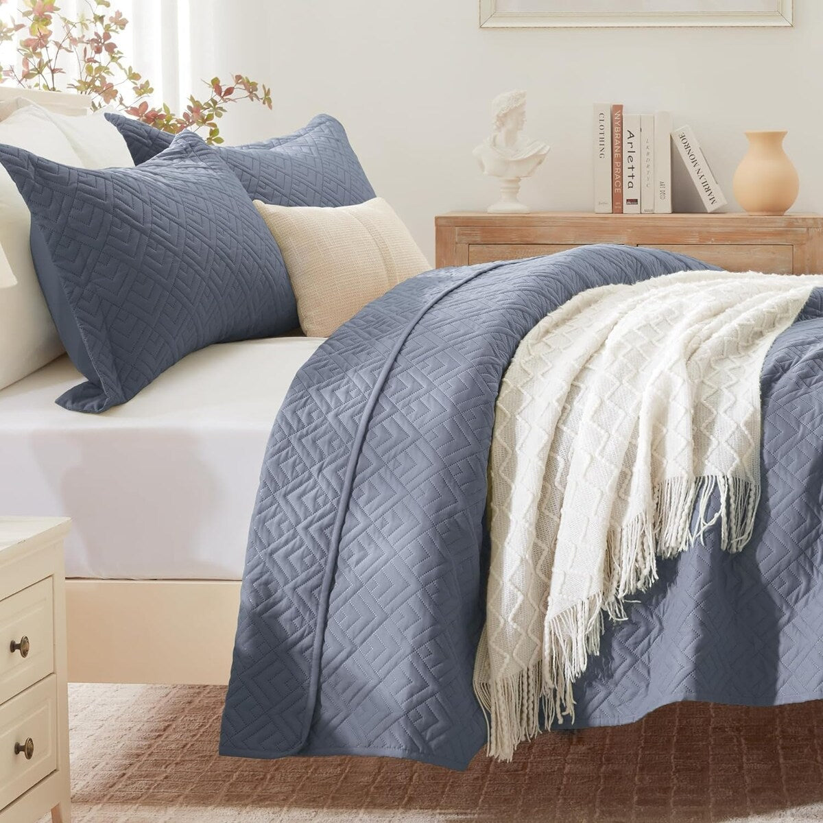 Quilt Set Full Queen Size 3 Piece,Lightweight Soft Coverlet Modern Style Squares Pattern Bedspread Set(1 Quilt,2 Pillow Shams)