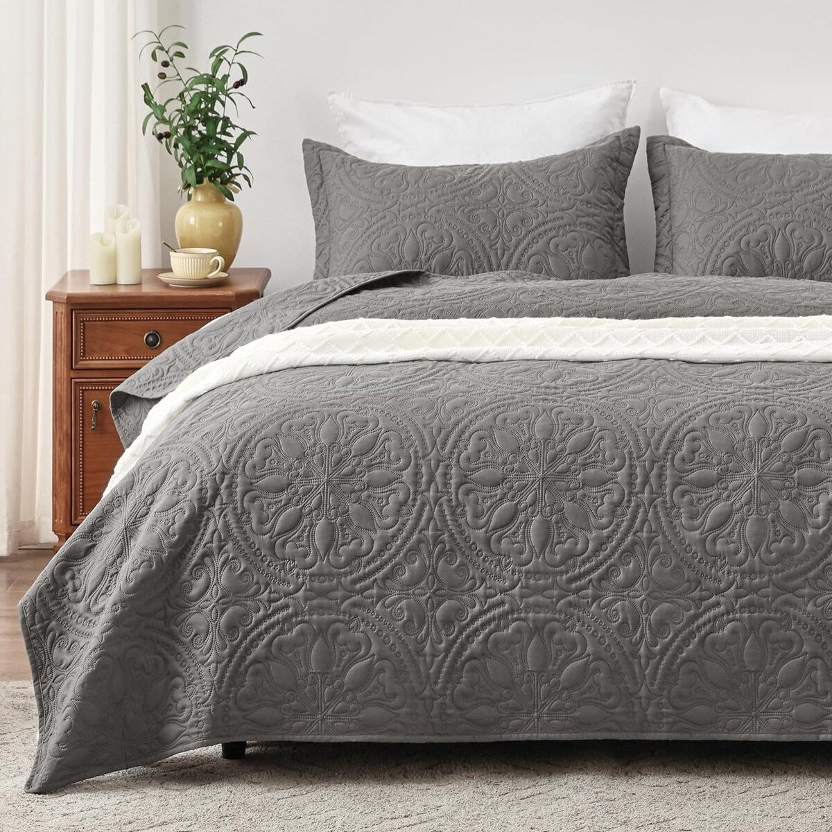 Quilt Set Full Queen Size 3 Piece,Lightweight Soft Coverlet Modern Style Squares Pattern Bedspread Set(1 Quilt,2 Pillow Shams)
