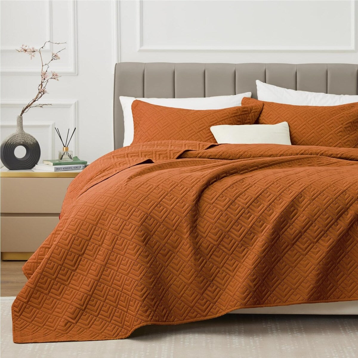 Quilt Set Full Queen Size 3 Piece,Lightweight Soft Coverlet Modern Style Squares Pattern Bedspread Set(1 Quilt,2 Pillow Shams)