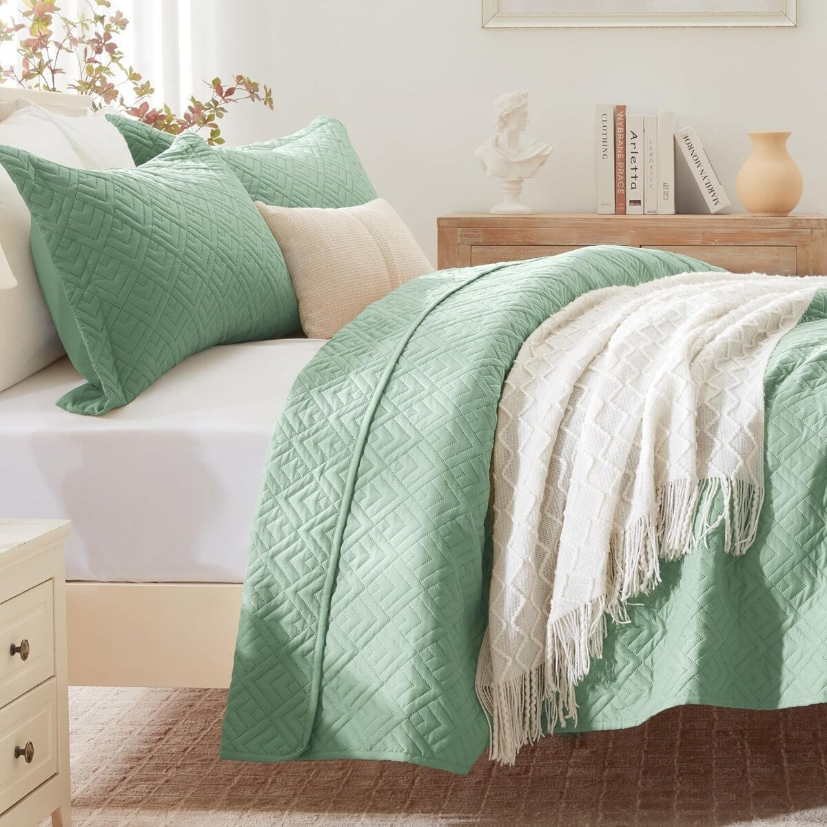 Quilt Set Full Queen Size 3 Piece,Lightweight Soft Coverlet Modern Style Squares Pattern Bedspread Set(1 Quilt,2 Pillow Shams)