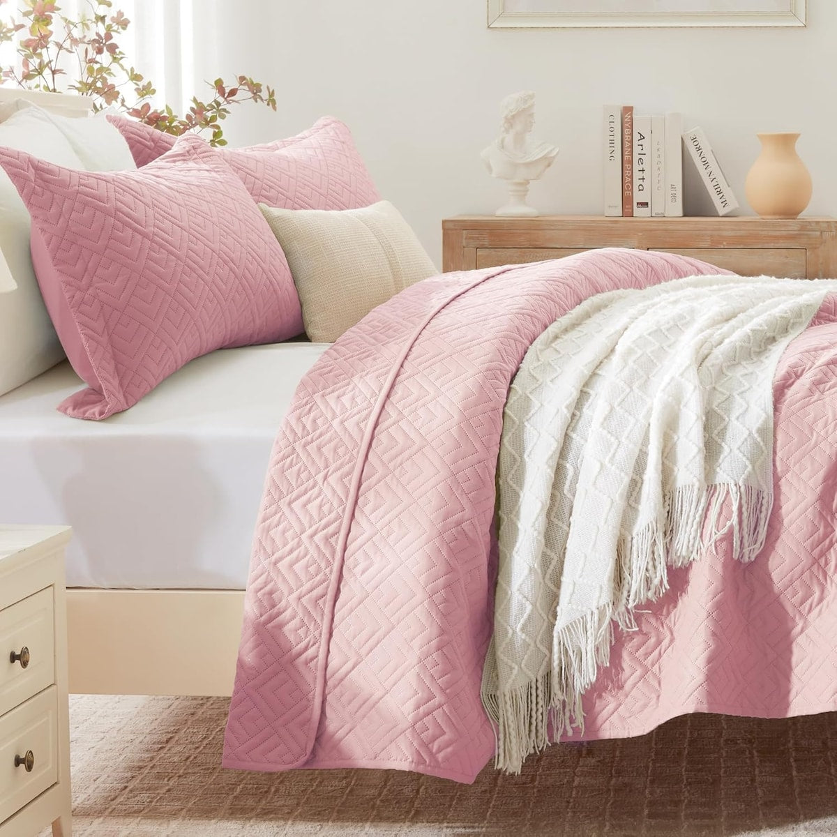 Quilt Set Full Queen Size 3 Piece,Lightweight Soft Coverlet Modern Style Squares Pattern Bedspread Set(1 Quilt,2 Pillow Shams)