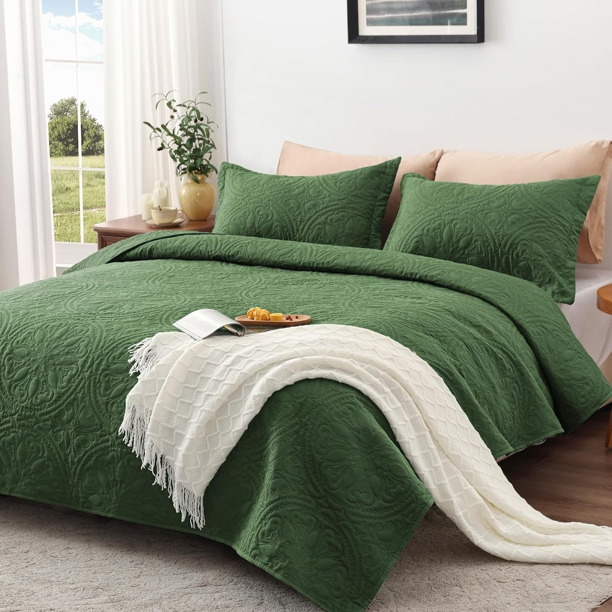 Quilt Set Full Queen Size 3 Piece,Lightweight Soft Coverlet Modern Style Squares Pattern Bedspread Set(1 Quilt,2 Pillow Shams)