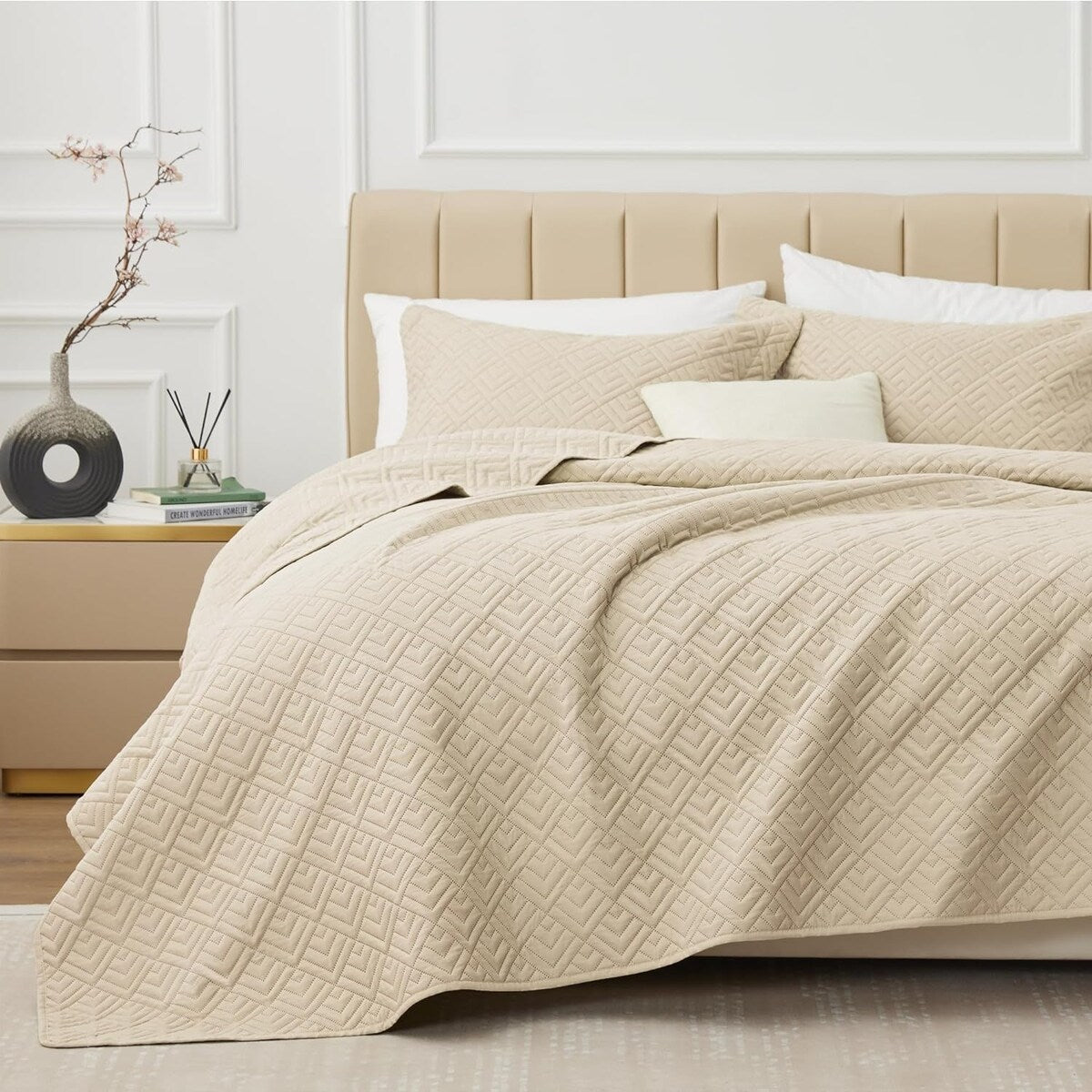 Quilt Set Full Queen Size 3 Piece,Lightweight Soft Coverlet Modern Style Squares Pattern Bedspread Set(1 Quilt,2 Pillow Shams)