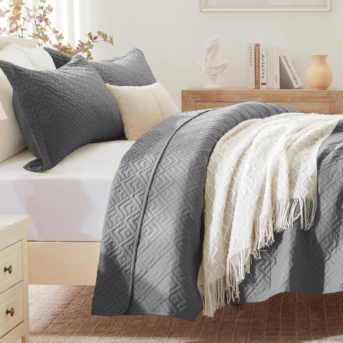 Quilt Set Full Queen Size 3 Piece,Lightweight Soft Coverlet Modern Style Squares Pattern Bedspread Set(1 Quilt,2 Pillow Shams)
