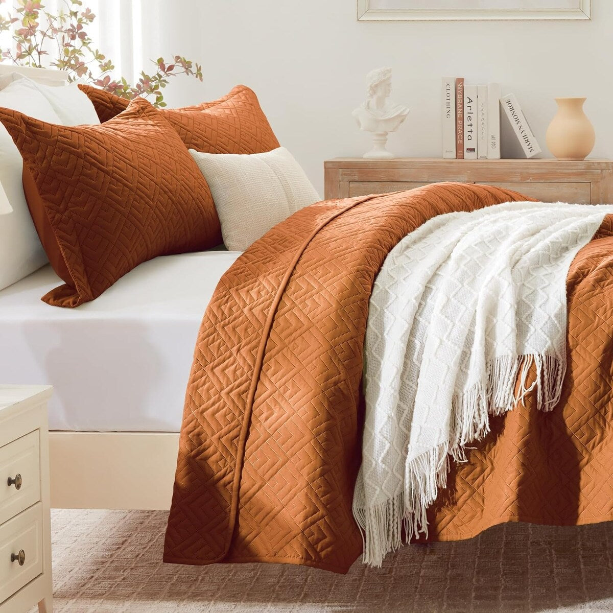 Quilt Set Full Queen Size 3 Piece,Lightweight Soft Coverlet Modern Style Squares Pattern Bedspread Set(1 Quilt,2 Pillow Shams)