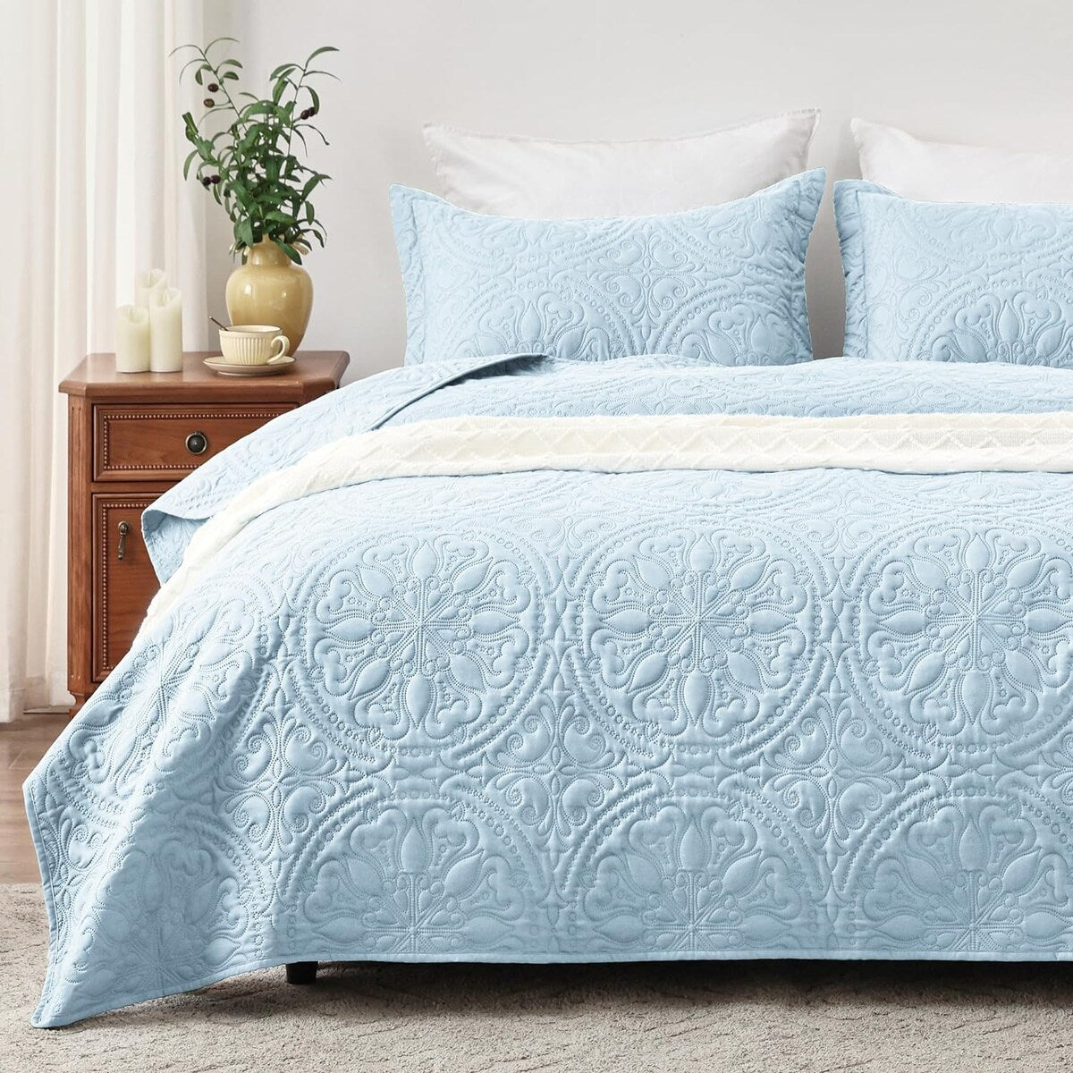 Quilt Set Full Queen Size 3 Piece,Lightweight Soft Coverlet Modern Style Squares Pattern Bedspread Set(1 Quilt,2 Pillow Shams)