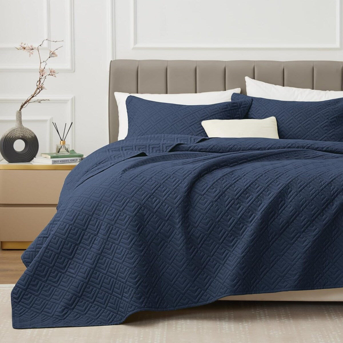 Quilt Set Full Queen Size 3 Piece,Lightweight Soft Coverlet Modern Style Squares Pattern Bedspread Set(1 Quilt,2 Pillow Shams)