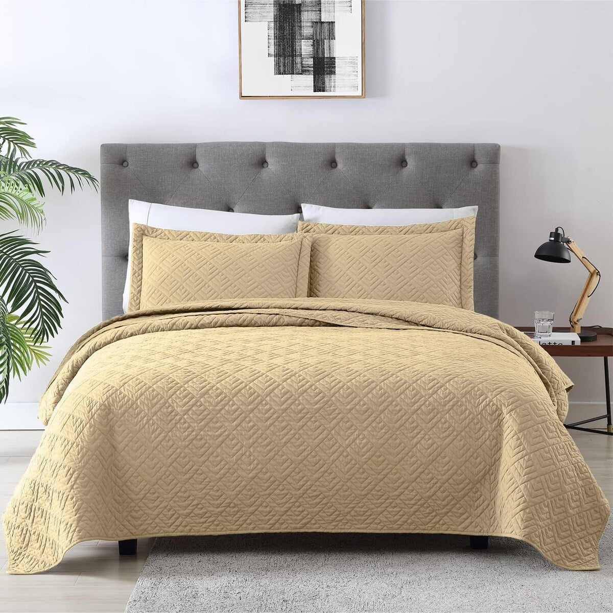 Quilt Set Full Queen Size 3 Piece,Lightweight Soft Coverlet Modern Style Squares Pattern Bedspread Set(1 Quilt,2 Pillow Shams)