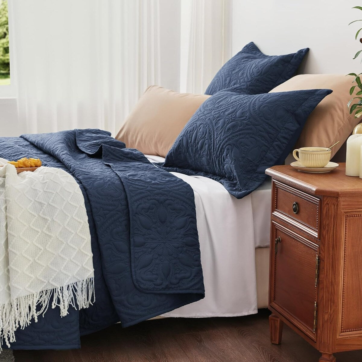 Quilt Set Full Queen Size 3 Piece,Lightweight Soft Coverlet Modern Style Squares Pattern Bedspread Set(1 Quilt,2 Pillow Shams)