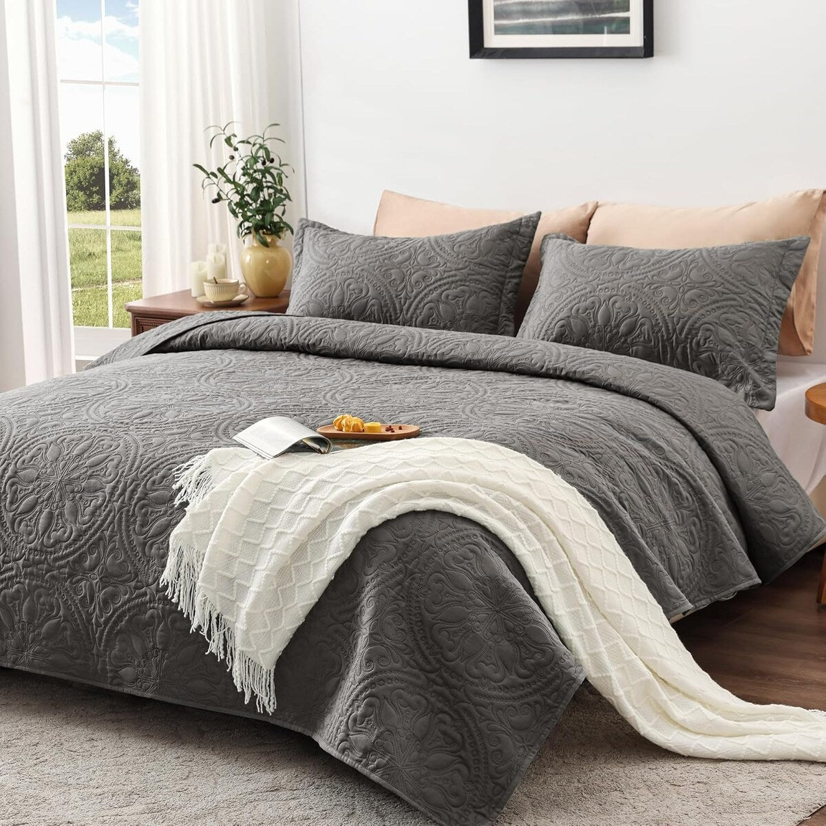 Quilt Set Full Queen Size 3 Piece,Lightweight Soft Coverlet Modern Style Squares Pattern Bedspread Set(1 Quilt,2 Pillow Shams)