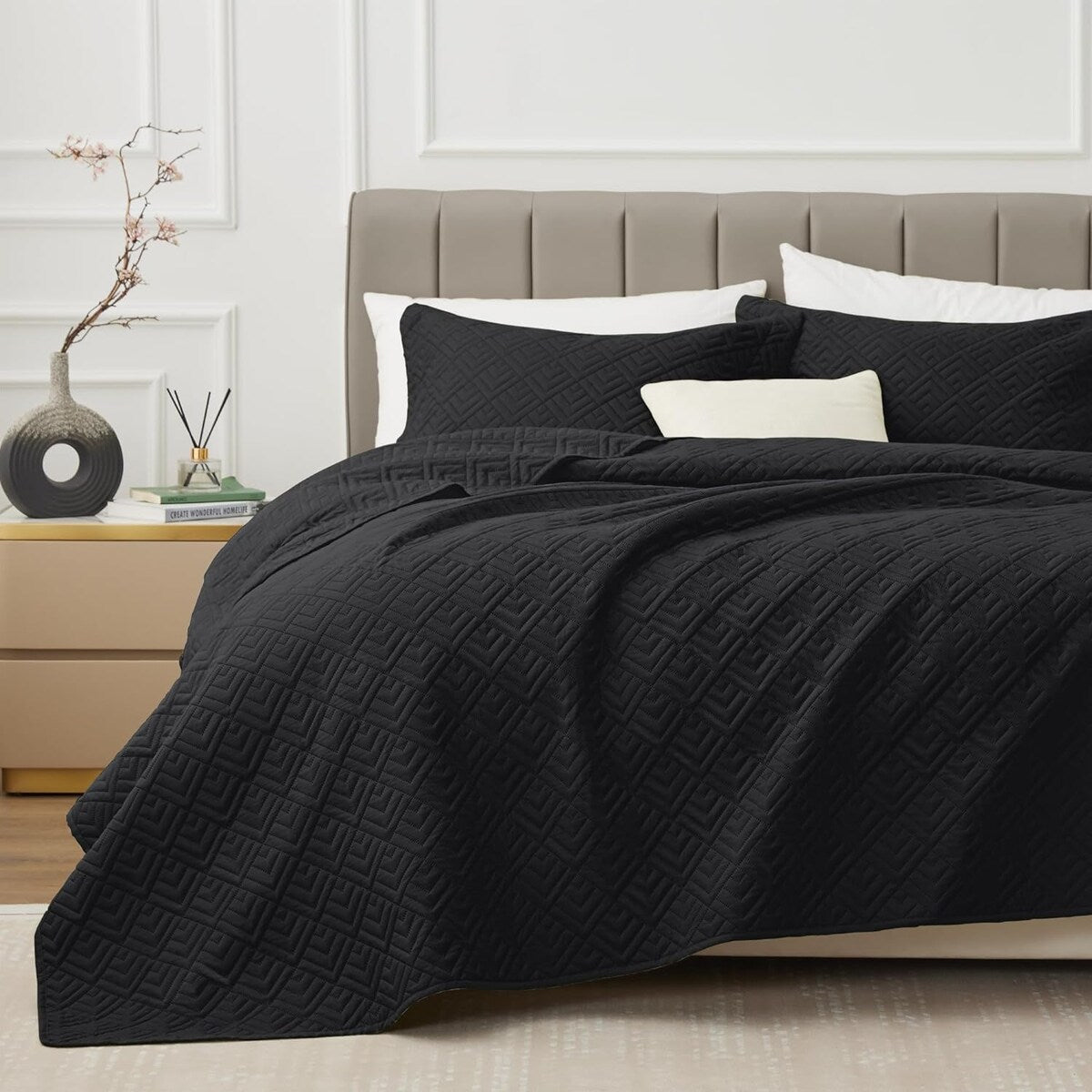 Quilt Set Full Queen Size 3 Piece,Lightweight Soft Coverlet Modern Style Squares Pattern Bedspread Set(1 Quilt,2 Pillow Shams)