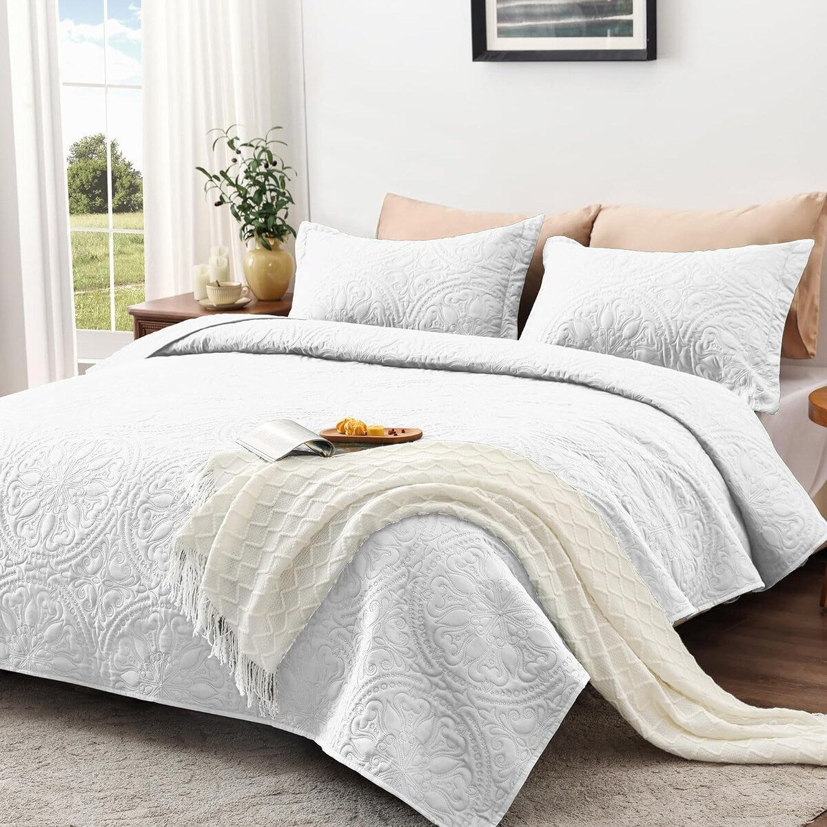 Quilt Set Full Queen Size 3 Piece,Lightweight Soft Coverlet Modern Style Squares Pattern Bedspread Set(1 Quilt,2 Pillow Shams)