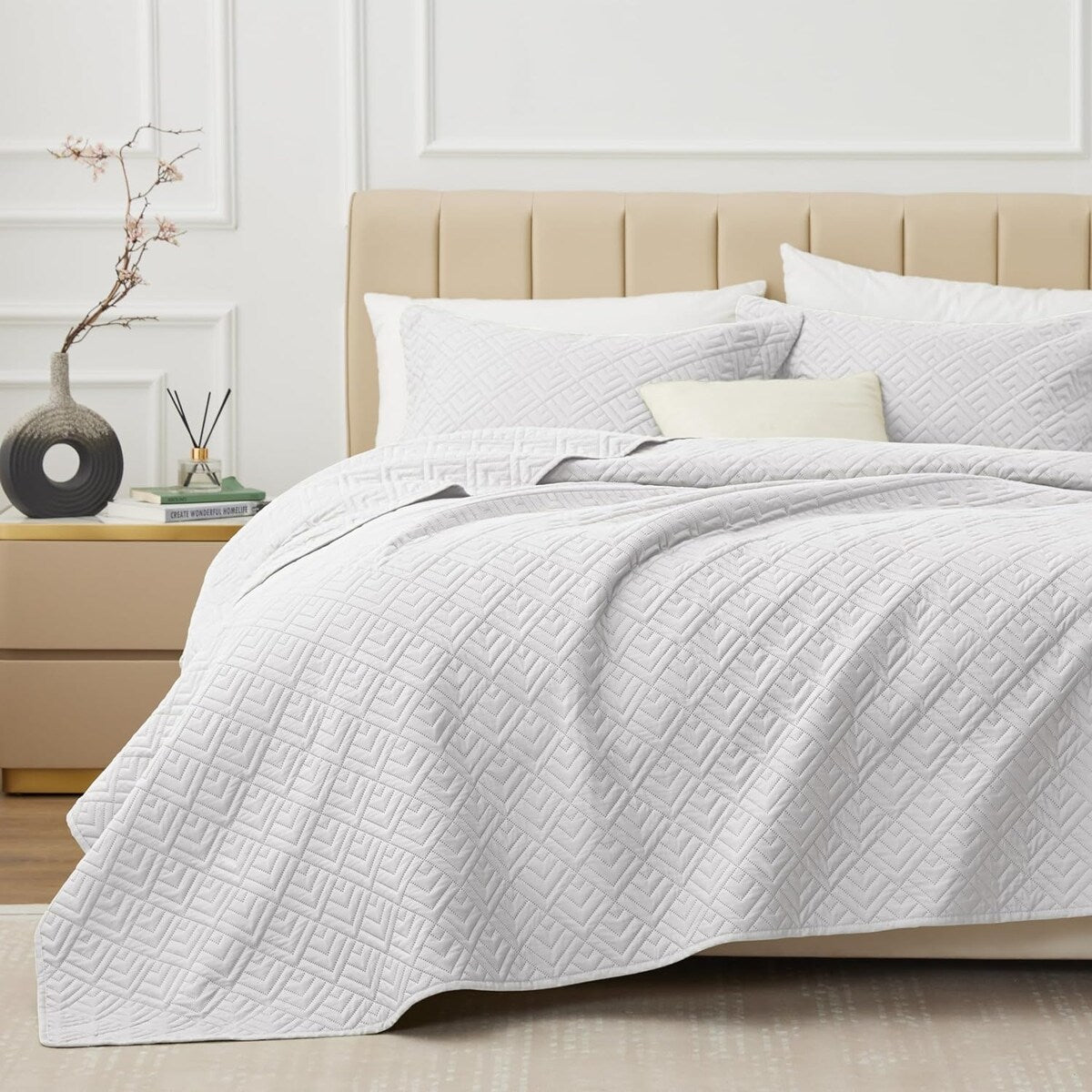 Quilt Set Full Queen Size 3 Piece,Lightweight Soft Coverlet Modern Style Squares Pattern Bedspread Set(1 Quilt,2 Pillow Shams)