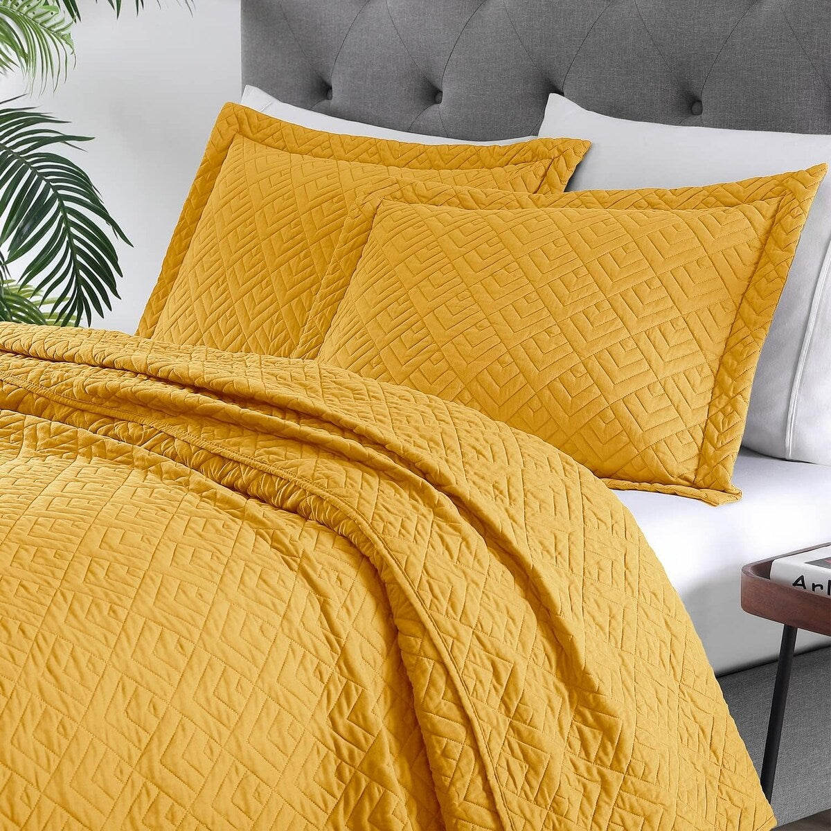 Quilt Set Full Queen Size 3 Piece,Lightweight Soft Coverlet Modern Style Squares Pattern Bedspread Set(1 Quilt,2 Pillow Shams)