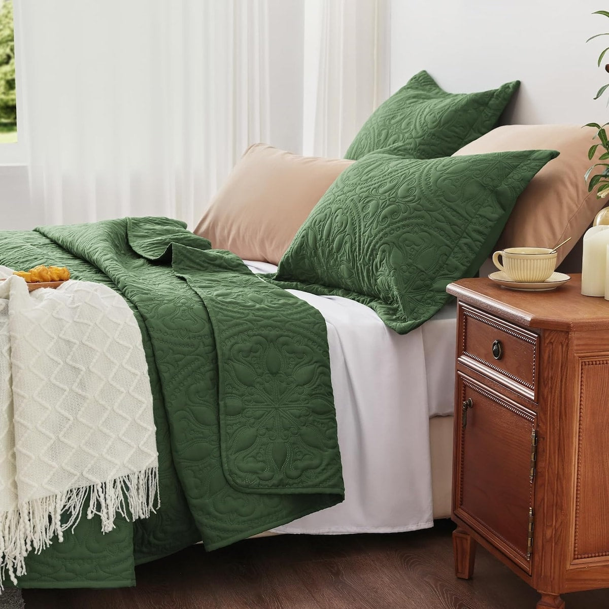 Quilt Set Full Queen Size 3 Piece,Lightweight Soft Coverlet Modern Style Squares Pattern Bedspread Set(1 Quilt,2 Pillow Shams)