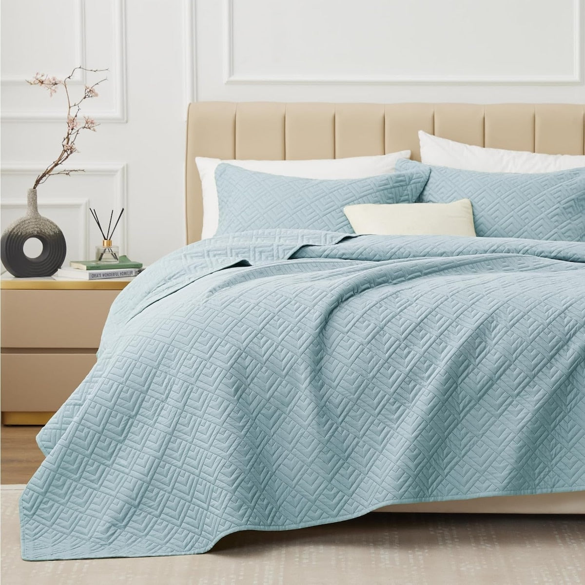 Quilt Set Full Queen Size 3 Piece,Lightweight Soft Coverlet Modern Style Squares Pattern Bedspread Set(1 Quilt,2 Pillow Shams)