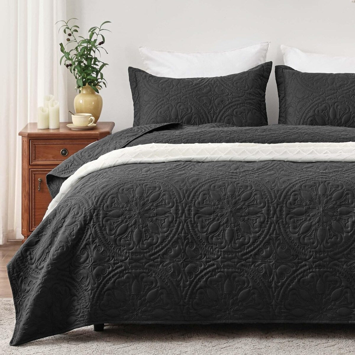 Quilt Set Full Queen Size 3 Piece,Lightweight Soft Coverlet Modern Style Squares Pattern Bedspread Set(1 Quilt,2 Pillow Shams)