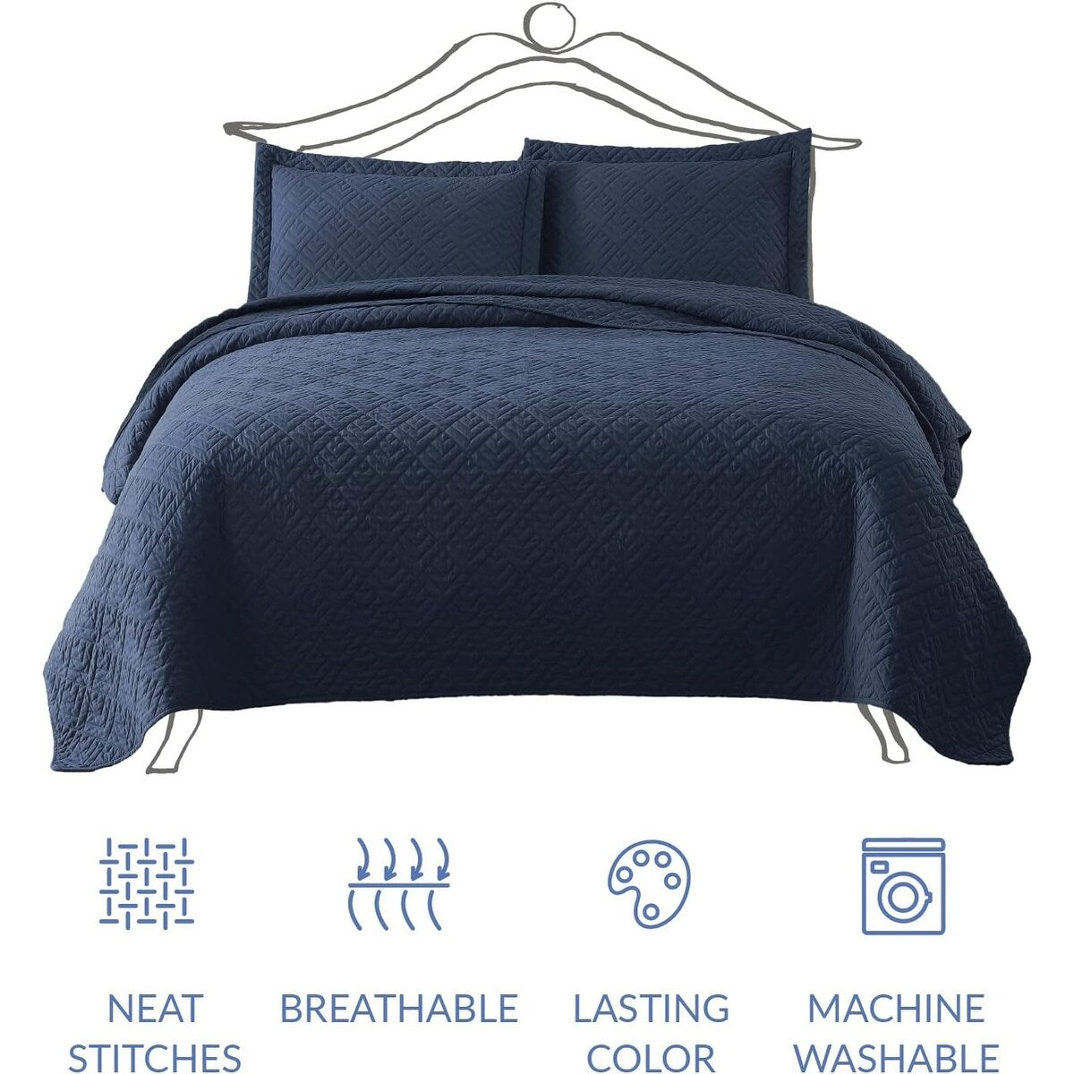 Quilt Set Full Queen Size 3 Piece,Lightweight Soft Coverlet Modern Style Squares Pattern Bedspread Set(1 Quilt,2 Pillow Shams)