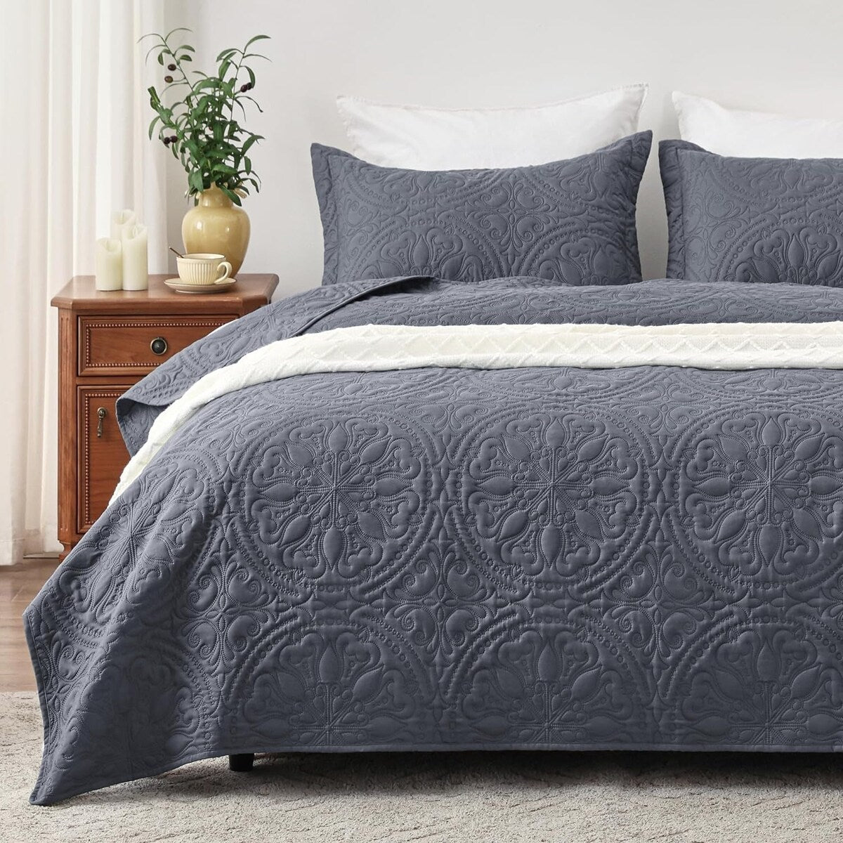 Quilt Set Full Queen Size 3 Piece,Lightweight Soft Coverlet Modern Style Squares Pattern Bedspread Set(1 Quilt,2 Pillow Shams)