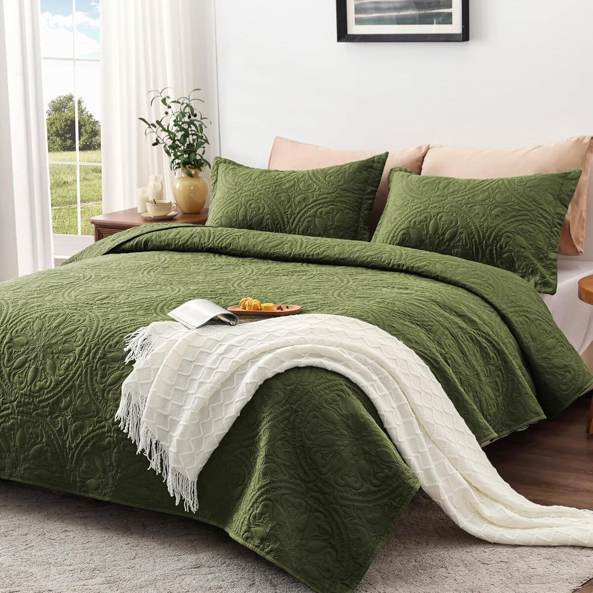 Quilt Set Full Queen Size 3 Piece,Lightweight Soft Coverlet Modern Style Squares Pattern Bedspread Set(1 Quilt,2 Pillow Shams)