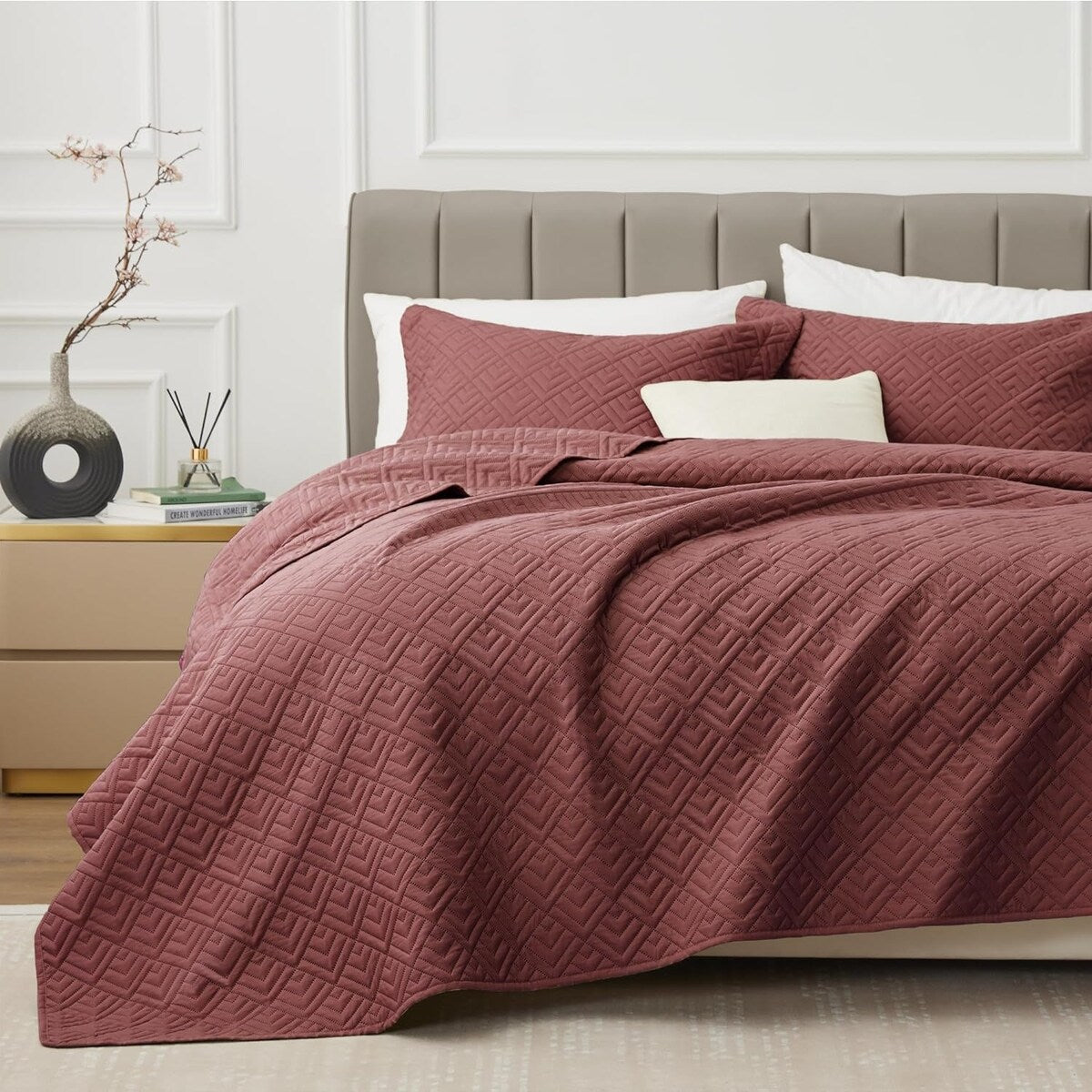 Quilt Set Full Queen Size 3 Piece,Lightweight Soft Coverlet Modern Style Squares Pattern Bedspread Set(1 Quilt,2 Pillow Shams)