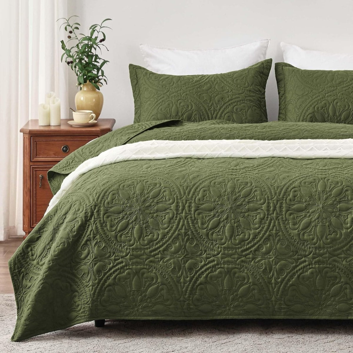 Quilt Set Full Queen Size 3 Piece,Lightweight Soft Coverlet Modern Style Squares Pattern Bedspread Set(1 Quilt,2 Pillow Shams)