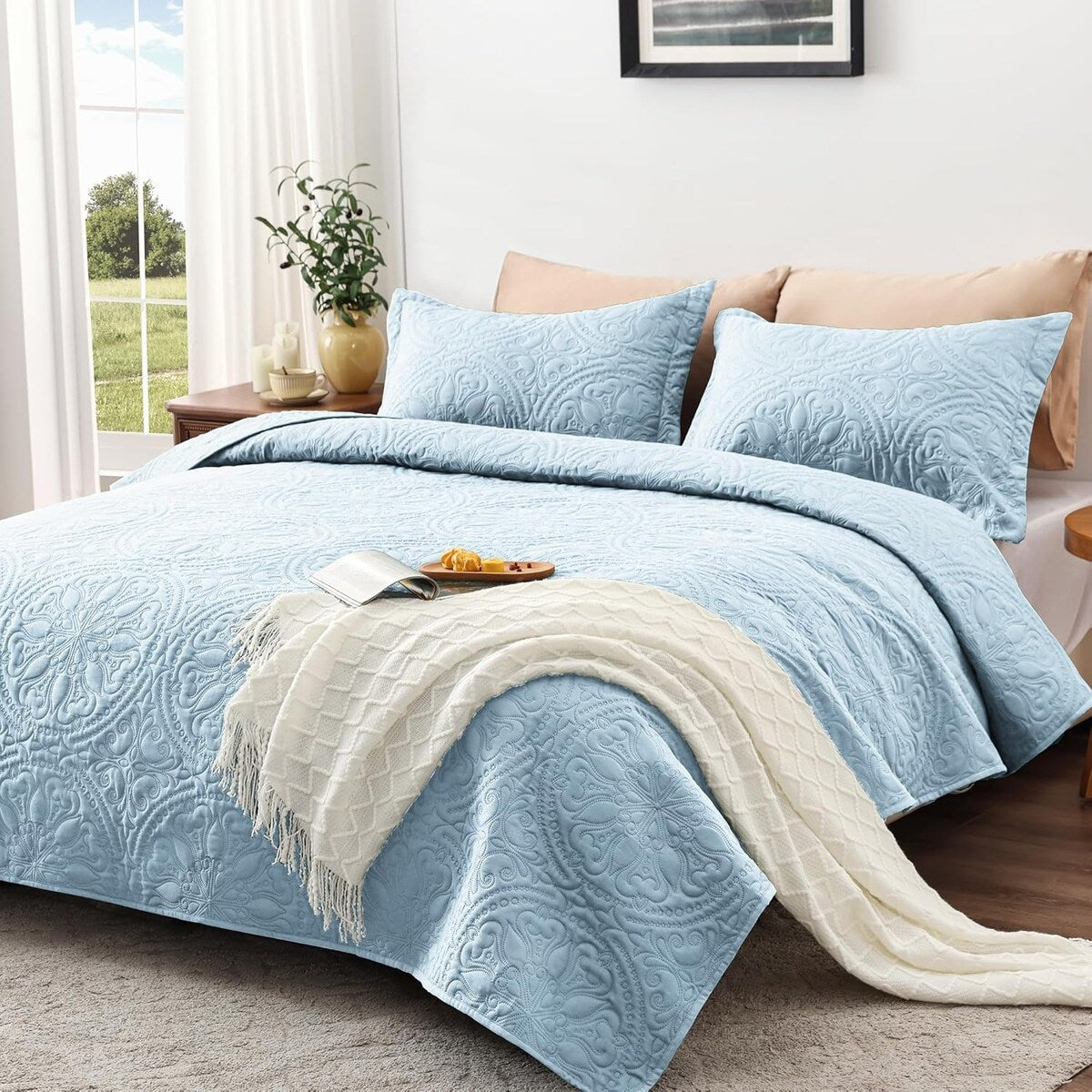 Quilt Set Full Queen Size 3 Piece,Lightweight Soft Coverlet Modern Style Squares Pattern Bedspread Set(1 Quilt,2 Pillow Shams)