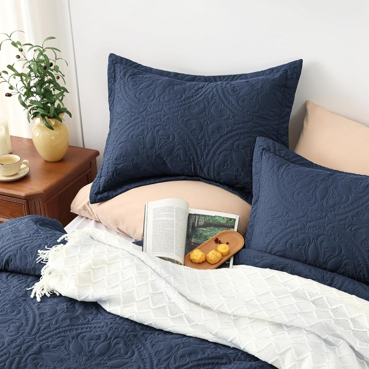 Quilt Set Full Queen Size 3 Piece,Lightweight Soft Coverlet Modern Style Squares Pattern Bedspread Set(1 Quilt,2 Pillow Shams)
