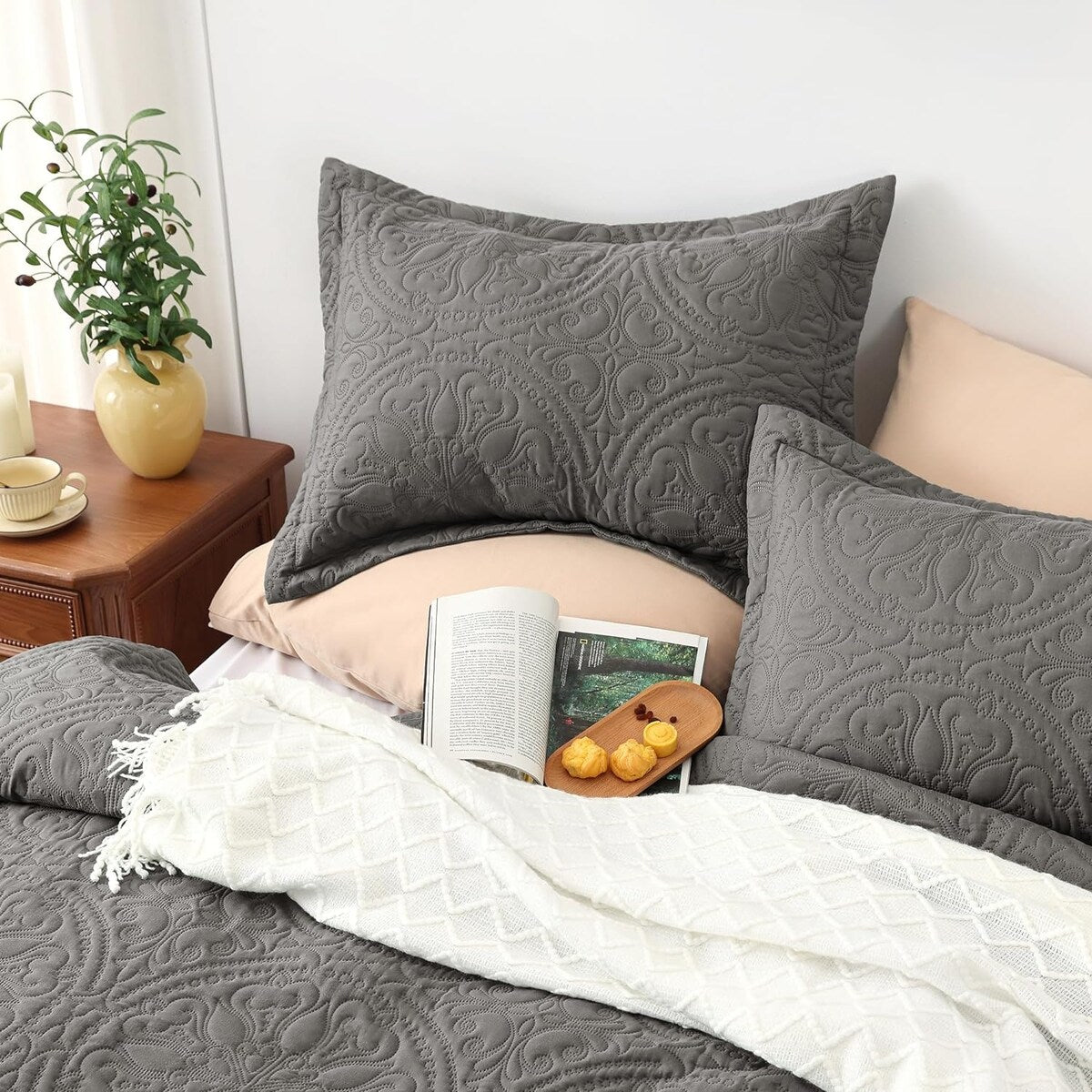 Quilt Set Full Queen Size 3 Piece,Lightweight Soft Coverlet Modern Style Squares Pattern Bedspread Set(1 Quilt,2 Pillow Shams)